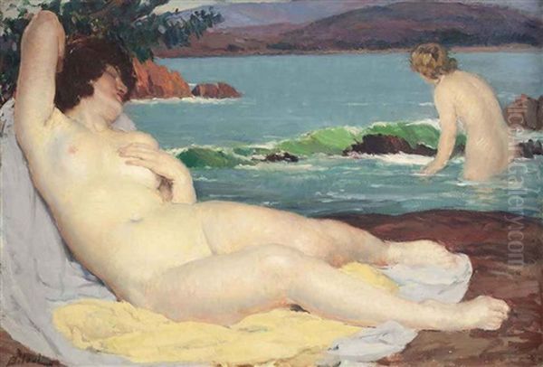 Reclining Nude At The Shore Oil Painting by Louis Francois Biloul