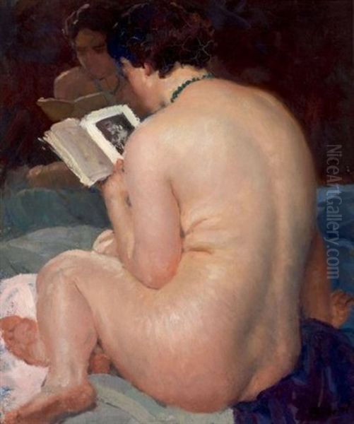 Jeune Femme De Dos Lisant Un Livre Face A Un Miroir Oil Painting by Louis Francois Biloul