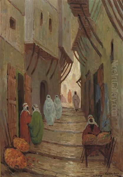 Rue A Algiers - Streetview In Algeria (+ Olive Mount, Jerusalem; 2 Works) Oil Painting by Johan van der Bilt