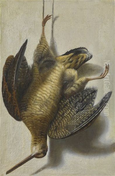 A Trompe L'oeil With A Woodcock Hanging Before A Wall Oil Painting by Cornelis (Bilcius) Biltius