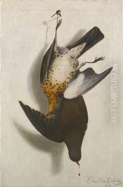 A Trompe L'oeil Still Life With Two Grouse Hanging From A Nail Oil Painting by Cornelis (Bilcius) Biltius