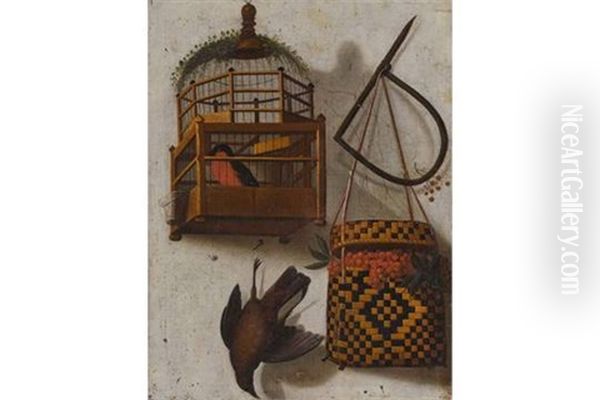 Trompe L'oeil Mit Einem Gimpel Im Kafig, Einem Erlegten Vogel, Einer Vogelfalle Und Einer Geflochtenen Tasche Mit Vogelbeeren Oil Painting by Cornelis (Bilcius) Biltius