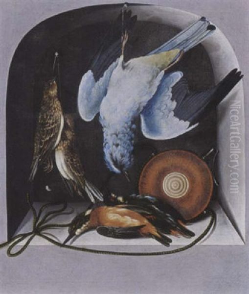 A Trompe L'oeil With A Hunting Still Life Of Birds And A Flacon In A Niche Oil Painting by Cornelis (Bilcius) Biltius