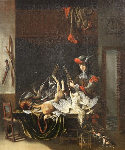 A Huntsman With His Spoils In An Interior Oil Painting by Jacobus Biltius