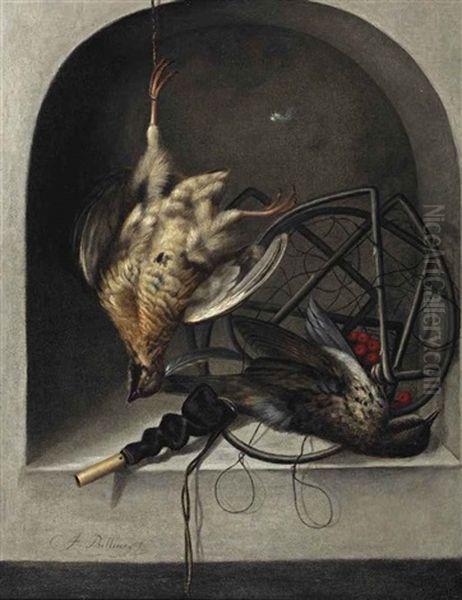 A Partridge Suspended From A Nail, A Starling, A Trap And Whistle In A Stone Niche Oil Painting by Jacobus Biltius