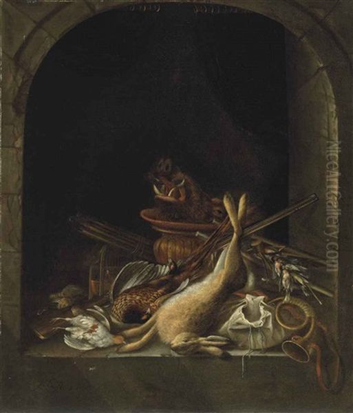 A Hare, Pheasants, Partridge, The Head Of A Boar And Other Game In An Arched Stone Window, With A Hunting Horn, A Musket, Powder Kegs Oil Painting by Jacobus Biltius