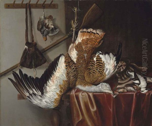 A Great Bustard And A Partridge Suspended From Strings, With A Smew And Three Songbirds On A Partially Draped Table, With A Rifle And Hunting Bag... by Jacobus Biltius