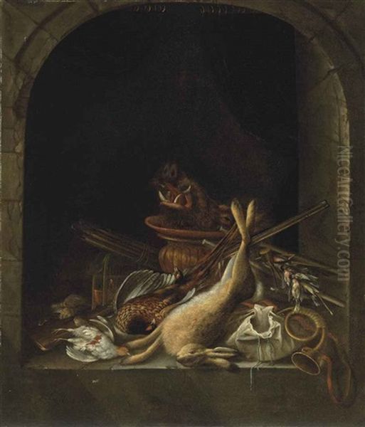 A Hare, Pheasants, Partridge, The Head Of A Boar And Other Game In An Arched Stone Window, With A Hunting Horn, A Musket, Powder Kegs... Oil Painting by Jacobus Biltius