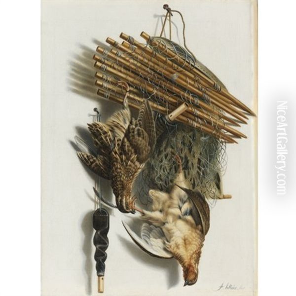 Trompe L'oeil Still Life With Two Quails, A Bird Net And A Whistle Oil Painting by Jacobus Biltius