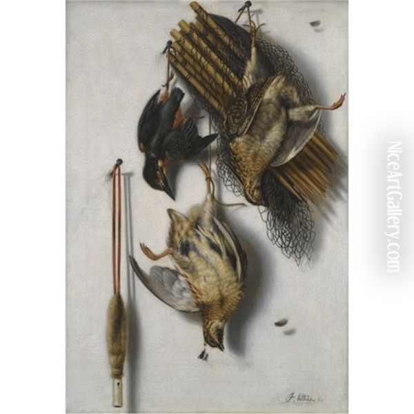 A Tromp L'oeil Still Life With Two Quails, A Kingfisher, A Bird Net And A Whistle Oil Painting by Jacobus Biltius