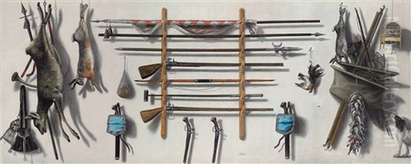 A Trompe-l'oeil Of An Arms Rack With A Leading Staff, A Partizan, A Matchlock Musket, A Longbow, A Fowling Piece With Pistols And Dead Game Oil Painting by Jacobus Biltius