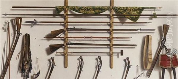 A Trompe L'oeil Of A Leading Staff, A Partizan, A Matchlock Musket, A Longbow, A Fowling Piece And Other Weaponry Hanging On A Wall Oil Painting by Jacobus Biltius