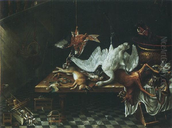 A Still Life Of A Swan, Deer, Rabbits And Other Dead Game On A Table, With A Boar's Head On A Platter And Caged Songbirds Oil Painting by Jacobus Biltius