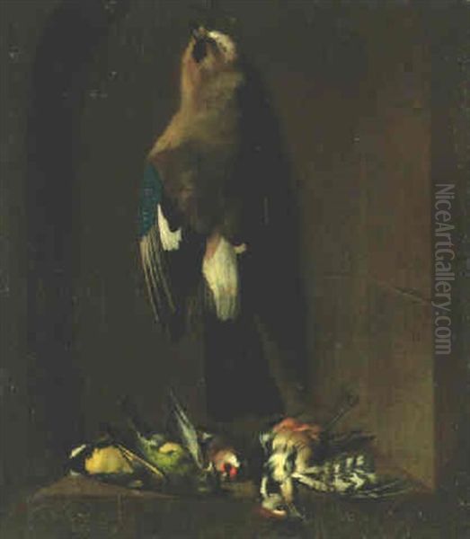 A Dead Jay Hanging From A Nail And Songbirds In A Stone Niche Oil Painting by Jacobus Biltius