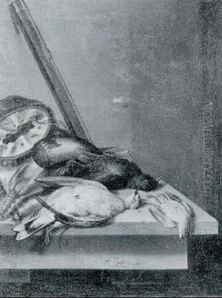 Dead Birds, A Hunting Bag, A Horn On A Stone Ledge, A Rifle Leaning Against The Wall Beyond Oil Painting by Jacobus Biltius