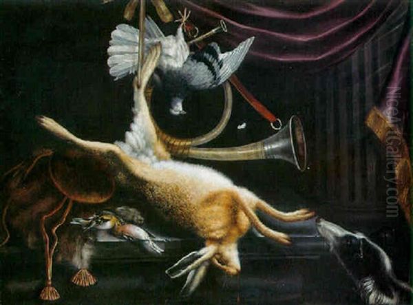 Dead Birds And A Hunting Horn Suspended Above A Stone Ledge By A Draped Column, Dead Songbirds And A Hound Nearby Oil Painting by Jacobus Biltius