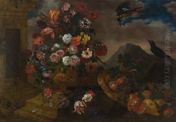 Still Life With Flowers In Vase And Fruits In A Basket Before A Landscape With Two Birds Oil Painting by Bartolommeo Bimbi