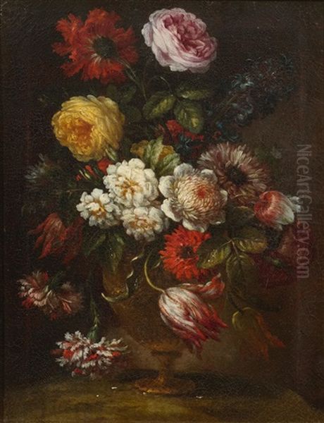 Still Life Of Flowers With Roses, Carnations, Anemones, And A Hyacinth In A Metal Vase Oil Painting by Bartolommeo Bimbi