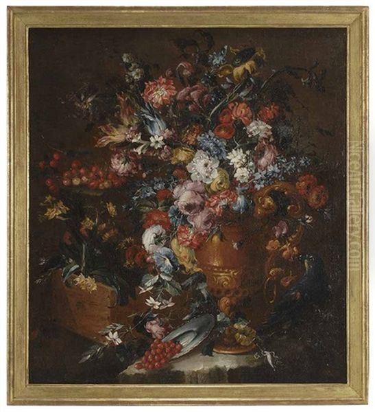 Still Life With Flowers In A Gilt Vase And Wood Box, With Parrot And Dishes Of Fruit Oil Painting by Bartolommeo Bimbi