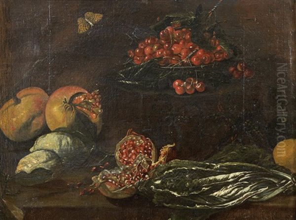 A Dish Of Cherries With Pomegranates, Lemons And Other Fruit And Vegetables With A Spotted Fritillary Butterfly On A Stone Ledge Oil Painting by Bartolommeo Bimbi