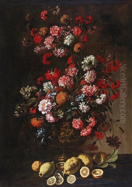 A Still Life Of Citrus Fruit And Flowers In An Elaborately Decorated And Gilded Vase Oil Painting by Bartolommeo Bimbi