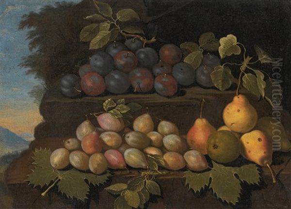 Still Life Of Pears And Plums, On A Stone Ledge, A Landscape Beyond by Bartolommeo Bimbi