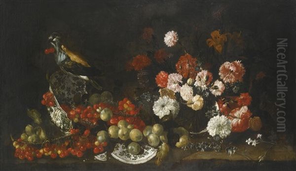 Still Life Of Cherries And Green Plums Spilling From A Broken Porcelain Bowl, An Assortment Of Flowers, And A Bird Oil Painting by Bartolommeo Bimbi