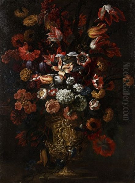 Bouquet De Fleurs Dans Un Vase Richement Sculpte Et Armorie (voir Armoiries) Oil Painting by Bartolommeo Bimbi