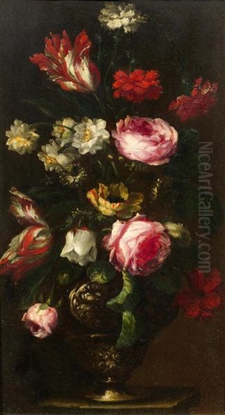 Goldvasen Mit Rosen, Tulpen, Und Narzissen (pair) Oil Painting by Bartolommeo Bimbi