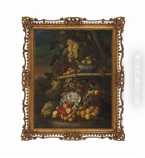 Still Life With Fruits In A Garden Oil Painting by Bartolommeo Bimbi