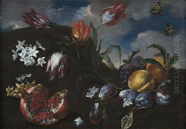 Natura Morta Con Fiori, Frutta E Farfalle Oil Painting by Bartolommeo Bimbi