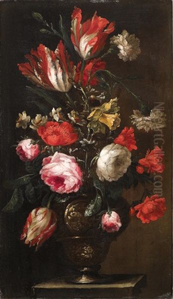 Tulpen, Nelken Und Rosen In Einer Vergoldeten Vase Auf Einer Steinplatte; Und Rosen, Nelken Und Tulpen In Einer Vergoldeten Vase Auf Einer Steinplatte (pair) Oil Painting by Bartolommeo Bimbi