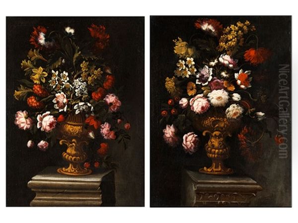 Gemaldepaar Mit Blumenstilleben In Prunkvasen Auf Einem Marmorsockel (pair) Oil Painting by Bartolommeo Bimbi