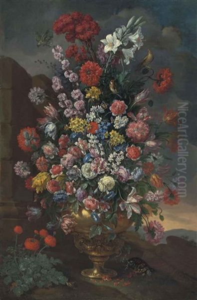 Celoria Cristata Red Velvet, Tulips, Roses, Poppies, Carnations, Lilies, Hyacinths, Morning Glory And Other Flowers In A Sculpted Urn... Oil Painting by Bartolommeo Bimbi