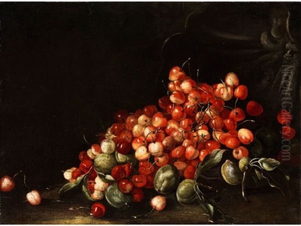 Stilleben Mit Hellroten Kirschen Und Grunen Pflaumen Oil Painting by Bartolommeo Bimbi