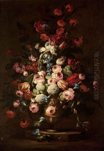 Elaborate Floral Bouquet In Footed Vase (+ Another; Pair) Oil Painting by Bartolommeo Bimbi