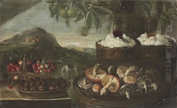 Baskets With Cherries, Strawberries, Chestnuts And Mushrooms On A Stone Ledge, A Landscape With A Horse Beyond Oil Painting by Bartolommeo Bimbi