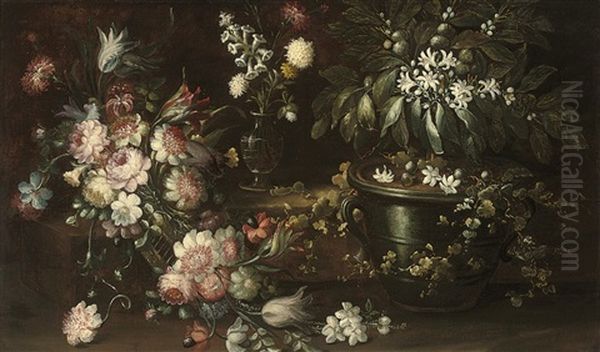 Camelias, Roses, Parrot Tulips And Other Flowers On A Table, And A Miniature Orange Tree In An Urn Oil Painting by Bartolommeo Bimbi