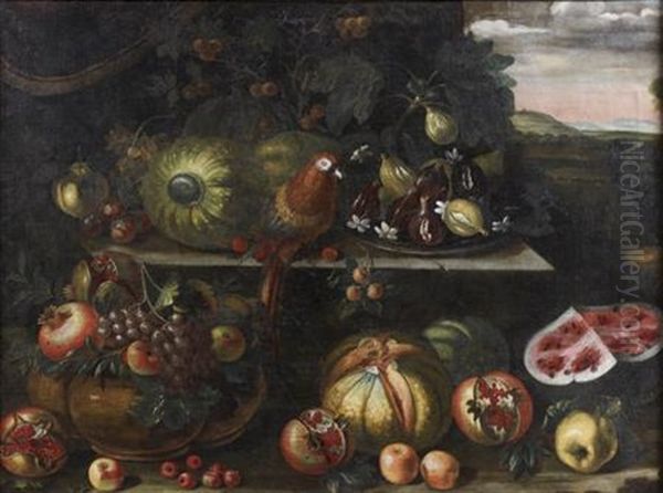 Nature Morte Aux Pasteques, Plat De Figues, Grenades, Et Perroquet by Bartolommeo Bimbi