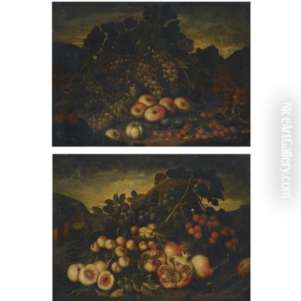 A Still Life With Grapes On The Vine, Oranges, Apples, Plums And Cherries In A Landscape (+another; Pair) Oil Painting by Bartolommeo Bimbi