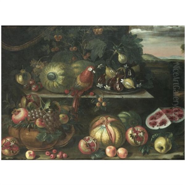 A Still Life With Watermelons, Figs, A Parrot And Grapes On A Stone Ledge, Together With Pomegrantes, Pumpkins And Apples, A Landscape Beyond Oil Painting by Bartolommeo Bimbi