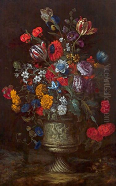 Blumenstillleben In Einer Reich Ornamentierten Vase Mit Figurenfries - Natura Morta Con Un Caso Di Fiori Oil Painting by Bartolommeo Bimbi