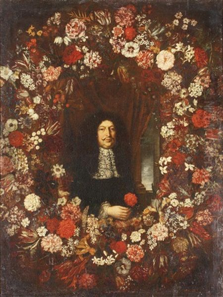 A Portrait Of A Gentleman Surrounded By A Garland Of Mixed Flowers by Bartolommeo Bimbi