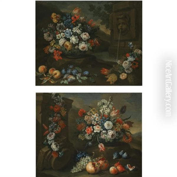 A Still Life Of Tulips, Roses And Other Flowers In A Porcelain Vase, With Peaches, Plums And Another Bunch Of Flowers Near A Fountain In A Park Landscape (+ A Still Life Of Tulips, Daffodils, Roses An Oil Painting by Bartolommeo Bimbi