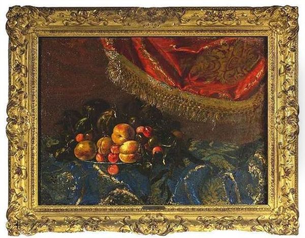 Obstschale Mit Pfirsichen, Kirschen Und Feigen Auf Einer Stoffdraperie Oil Painting by Bartolommeo Bimbi