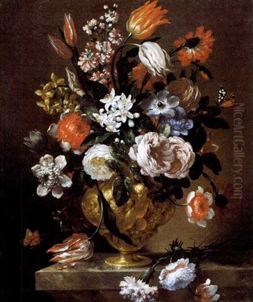 Fiori In Vaso Di Metallo (2 Works) Oil Painting by Bartolommeo Bimbi