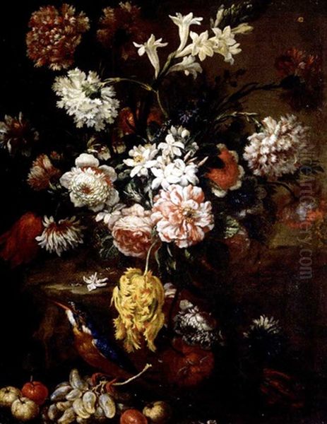 Still Life Of Various Flowers In A Basket, Together With Grapes, Crab-apples And A Kingfisher Oil Painting by Bartolommeo Bimbi