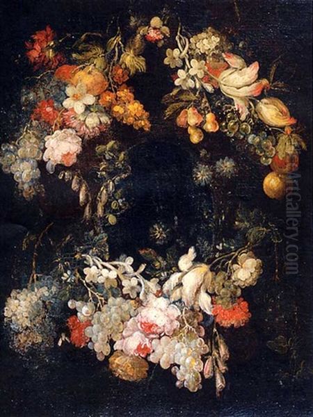 A Swag Of Flowers And Fruit On A Stone Cartouche Oil Painting by Bartolommeo Bimbi