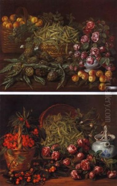 Natura Morta Con Carciofi E Pesche, Cesta Di Pesche, Cesta Di Fagiolini E Vaso Di Rose Oil Painting by Bartolommeo Bimbi