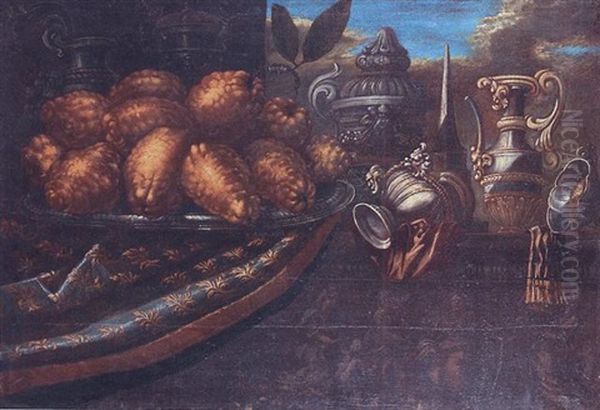 Nature Morte: Plat De Cedras Et Piece D'orfevrerie Voisinant Sur Un Entablement Oil Painting by Bartolommeo Bimbi